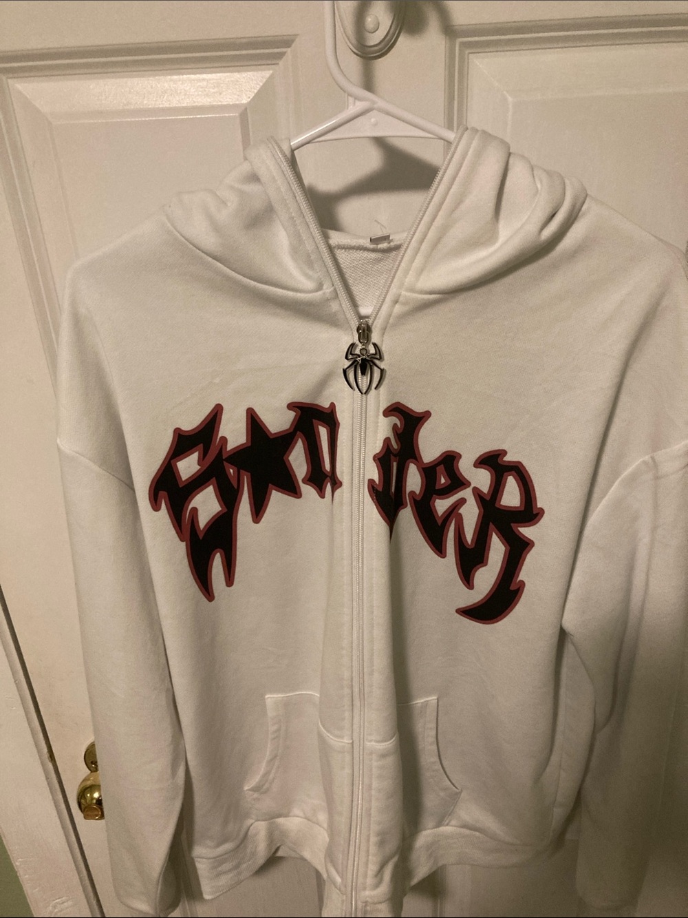 White sponder worldwide Spider Zip Hoodie Jacket with Red-Outlined Graphic